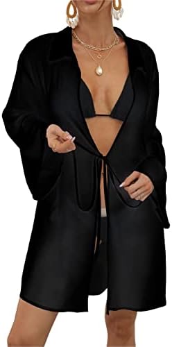Bsubseach Women Chiffon Solid Color Swimsuit Cover Up Long Sleeve Beachwear