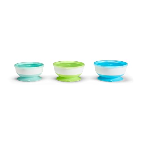 Munchkin Stay Put Suction Baby Bowls with Lids - Dishes for Babies and Toddlers Self-Feeding Bowl Set for Kids 6+ Months 3 Pack Blue/Green
