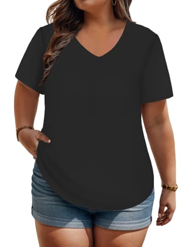ROSRISS Women's Plus Size Summer Tunic V Neck T-Shirt Blouse 18W Black