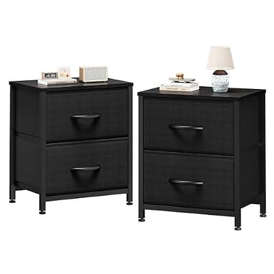 Sweetcrispy Nightstand Set of 2 with 2 Storage Drawers, 20" Height Small Bed Side Furniture End Table, Wooden Top Fabric Cabinet Kids Mini Dresser for Bedroom, Closet, Entryway, College Dorm, Black