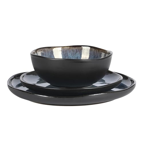 Image of Gibson Elite Nardini 12 Piece (Service for 4) Plates and Bowls Reactive Glaze Dishes Stoneware Ceramic Dinnerware Set - Black and Blue