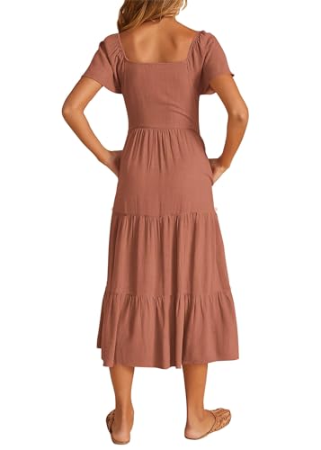 KIRUNDO Women 2025 Spring Summer Casual Short Sleeve Midi Dress Button V Neck Tiered Vacation Sundress with Pockets2