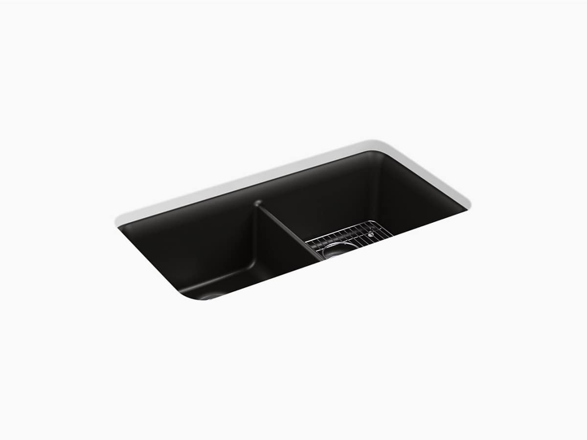 KOHLER K-8199-CM1 Cairn Sink, 33" Neoroc Composite Undermount Double-Bowl Kitchen Sink, Composite Kitchen Sink with Sink Rack, Matte Black