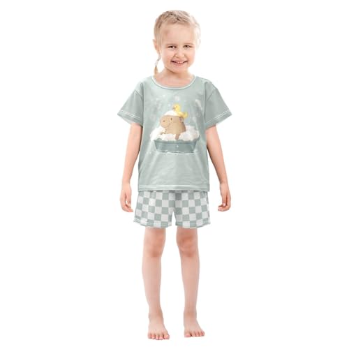 Checkerboard Plaid Duck Bath Bubble Teal Pajama Set Short Sleeve PJS 2 Piece Summer Pajamas Shorts Sets Cotton 5Y3