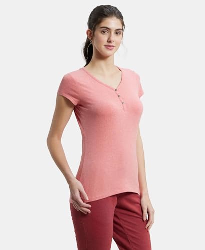 Image of Jockey UL03 Women's Super Combed Cotton Elastane Stretch Slim Fit Solid V Neck Henley Styled Half Sleeve T-Shirt