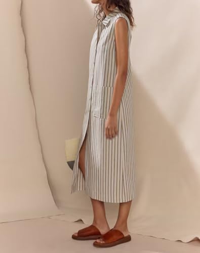 Image of Women's Spring Summer Button-Down Shirt Dress Cotton Striped Collared Tunics Sleeveless Tank Dress with Pockets(Khaki-XL)