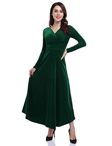 Leadingstar Women's Velvet Dress V-Neck Velvet Solid Plain Color Party Dress (Dark Green, L)