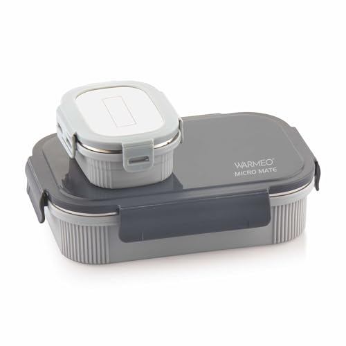 Image of WARMEO MICROMATE Microwave-Safe Stainless Steel Lunch Box, Bpa Free, Perfect for Office, School, Travelling, Combo(800ml+150 ml),Grey