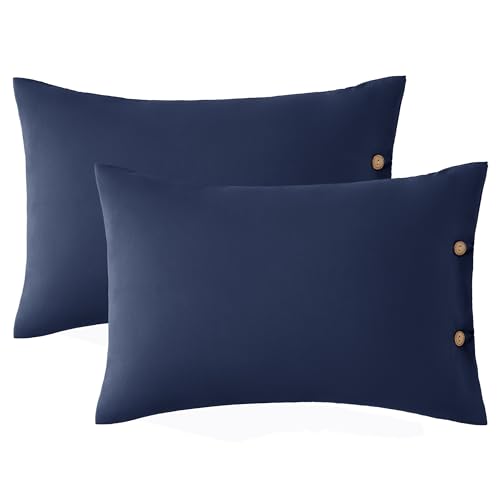 Image of EXQ Home Toddler Pillowcases with Button Closure 13x18 Travel Pillow Case Set of 2, Small Pillow Case Fits Baby Pillow Sized 12x16, 13x18, Kids Pillowcases 2 Pack Machine Washable (Dark Navy)