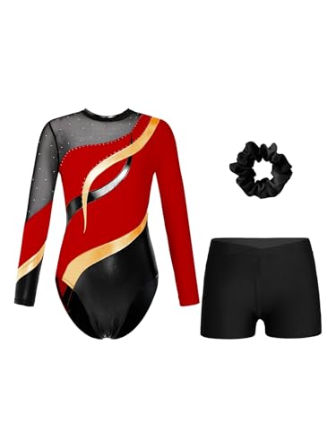 Miaeowve Maillot infantil de manga larga para niña, con brillantes brillantes, ballet, bloque de colores, patchwork, con pantalones cortos, cinta para el pelo, 3 piezas, rojo/negro, 170