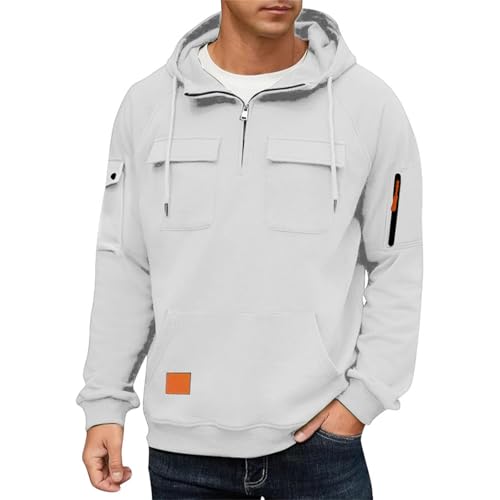 Men's Cargo Hoodies Quarter Zip Sweatshirts Tactical Pullover Casual Gym Athletic Loose Hooded Sweatshirt