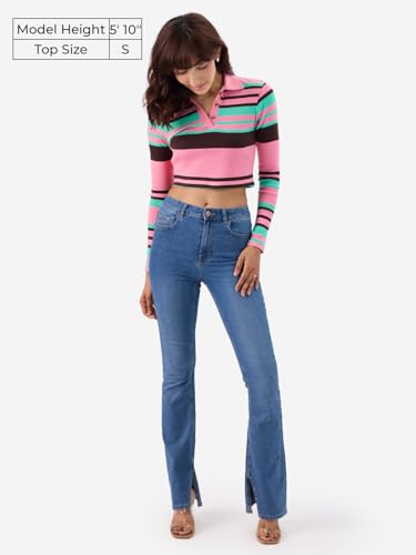Image of The Souled Store Carnation Rib-Knit Polo Women and Girls Long Sleeve Collared Neck Multicolor Striped Slim Fit Cotton Blend Cropped Polos