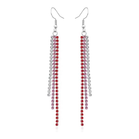 Stainless Steel Chain Tassel Dangle Earrings, Chain Fringe Drop Earrings for Women (Red CZ hook) Cover