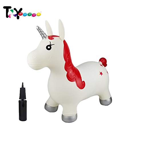 Image of Toy House Bouncy Horse Hopper Inflatable Jumping White Unicorn, Ride On Rubber Bouncing Animal Toys for Kids Toddlers Boys and Girls | Pump Included