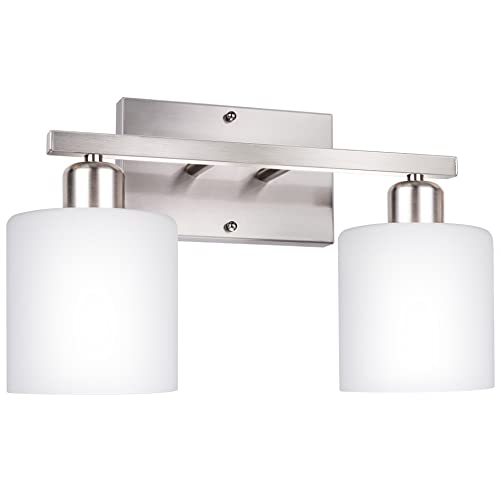 Bathroom Vanity Light Fixture Over Mirror with Brushed Nickel,Dekang Modern 2-Light Wall Sconces Lighting for Bedroom,Living Room,Hallway,Decor White Glass Shades,E26 Standard Base,Bulbs Not Included