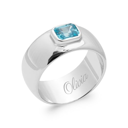 Bague en Argent 925 Femme avec Oxyde de Zirconium Bleu Aqua et Gravure Intérieure