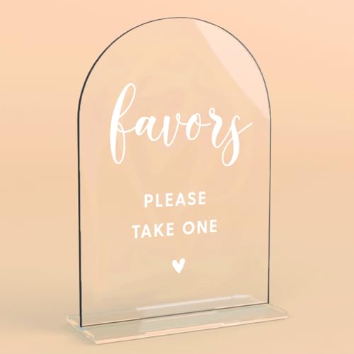 Acrylic Wedding Signs, Favors Please Take One Signs for Marriage Reception, Bridal Shower Decorations, Modern Arched Round Top Acrylic Table Top Sign with Holder for Wedding Party Dinner (Clear)