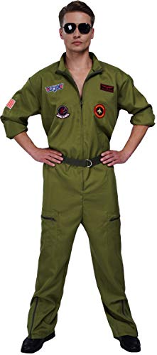 Men's Air Force Fighter Pilot Jumpsuit Flight Suit Costume for Adults with Embroidered Patches and Pockets (Large) Green