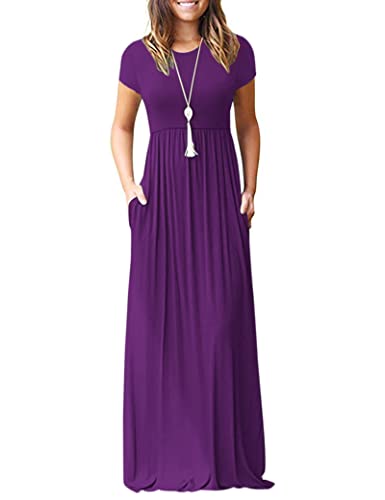 Image of MISFAY Women Short Sleeve Loose Plain Maxi Dresses Casual Long Dresses Pockets
