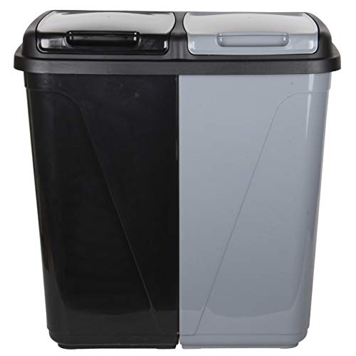Jolie Max 90L Kitchen Bin - Dual Compartment Rubbish & Recycling - Plastic Laundry Basket Black&Silver