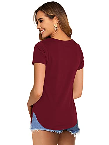 Dittyandvibe Women Short Sleeve V Neck Curved Hem Tunic Tops T Shirts (Wine Red,S) #TOP1