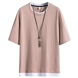[Mifish] 夏服 メンズ tシャツ 半袖 無地 重ね着風 大きいサイズ ゆったり 五分袖 柔らかい肌触り 涼しい (#09：ピンク, L)