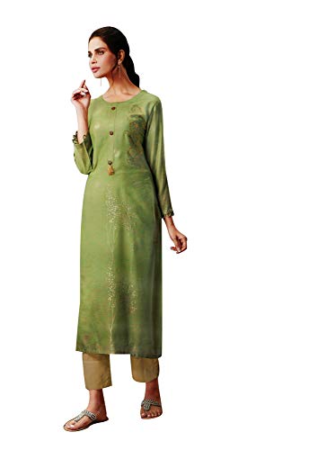 ladyline Rayon Plain Gold Print & Handwork Kurtis for Women with Silk Pants Set  Partywear Kurta Indian Tunic Top Dress (Size-44/ Green)