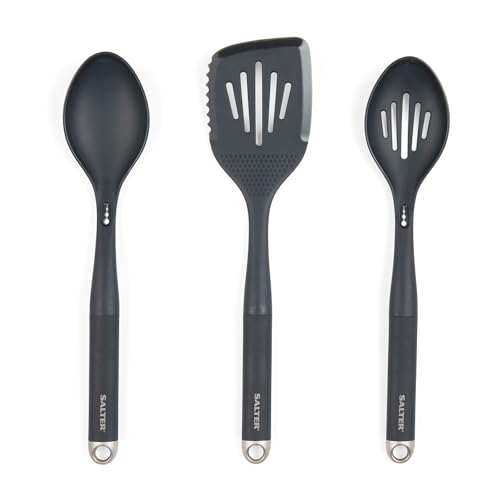 Salter BW12286EU7 köksset – nylon matlagningsverktyg, multifunktionella, spatel, solid/slitsade skedar, värmebeständiga non-stick säkra redskap, hängande krokar, marino-kollektion, blågrå, plast