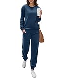 Ekouaer Womens Pajamas Sets Velvet Long Sleeve Jogger Pjs Soft Sleepwear 2 Piece Lounge Sets Casual Tracksuits Navy blue Medium