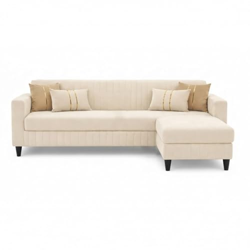 Image of Avrel 3 Seater Velvet Fabric Sofa Set with 1 Ottoman (Cream) | Soft Touch Fabric | Plush Cushions | Comfortable Living Room Seating | Stylish Living Room Sofa