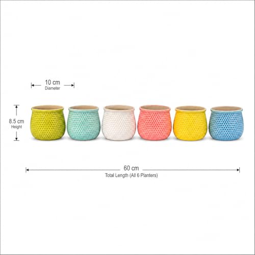 Image of Xtore 6Pc Vibrant Honeycomb Textured Ceramic Planter for Indoor Plants & Succulents | Colorful Decorative Flower Pots for Home, Office Desk, Windowsill & Shelf Styling (Multicolor - Planters only)