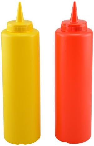 Ketchup and Mustard Plastic Squeeze Condiment Bottles W/ Lids For BBQ, Kitchen, Picnic - 2-Pack 16 Ounce