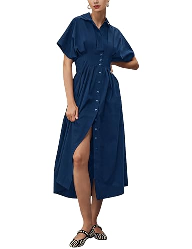Image of Yeokou Shirt Dress for Women Summer Casual Short Sleeve Button Down Loose Pleated Maxi Sundress with Pockets