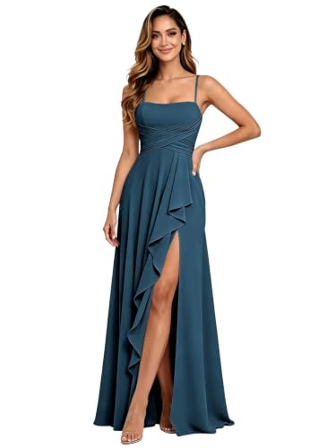 Ggfhis Peacock Bridesmaid Dresses Long Spaghetti Straps Corset Chiffon Pleated Formal Evening Dress for Women US6