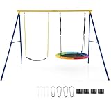 RELAX4LIFE Altalena Doppia da Giardino Modello 2026 con Struttura Portante 300kg, 2 Posti: Altalena a Nido 100cm+Sedile Classico per Bambini e Adulti, Gioco Interno/Esterno, 4 Picchetti Più Spessi