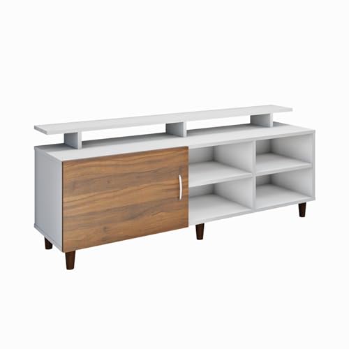 Image of VIKI Modern TV Unit for Living Room | Engineered Wood TV Cabinet with 1 Door Storage, 2 Open Shelves & Extension, Entertainment Unit, 140W x 48H x 40D cm | DIY | 1 Year Warranty (White & Walnut)