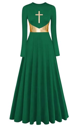 ELLYDOOR Womens Metallic Cross Worship Praise Dance Dress Full Length Lyrical Dancewear Church Liturgical Robe Dress Tag XL, Green