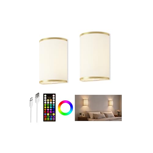 EZVALO Battery Operated Wall Sconce, Wireless Wall Sconces Set of Two with Remote, 3 Color & 80 RGB Rechargeable Wall Lights, Dimmable, Timer, Fabric Linen Shade Wall Decor for Bedroom (White) by EZVALO - Used condition - US$25.99