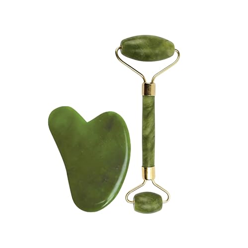KWER Facial Massager Jade Roller & Gua Sha Tool Natural Himalayan Stone for Glowing and Healthy Skin Jade Roller For Face and Dark Circles Under Eye Reduces Wrinkles Fine lines and Dark Circle.
