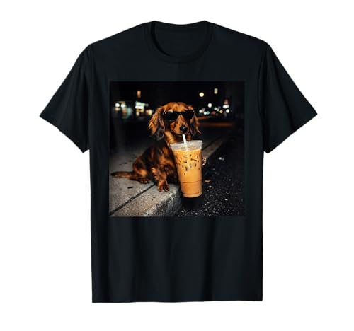 Funny Dachshund Drinking Iced Coffee Cute Dog Meme Humor T-Shirt