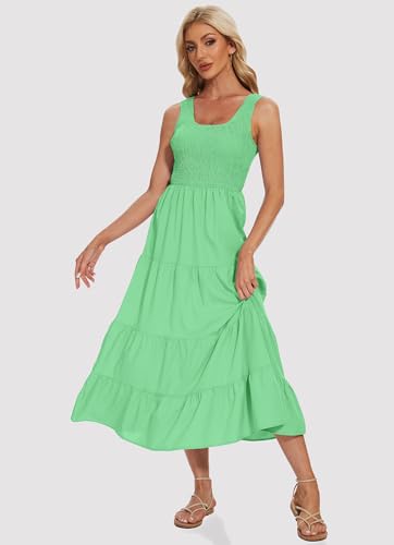 Image of Women's Summer Smocked Maxi Dresses Sleeveless U Neck Ruffle Hem Tiered A Line Flowy Dress
