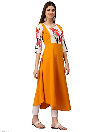 Image of Women's Crepe A-Line Printed Kurti(ALC9121YLW1 Yellow X-Small)
