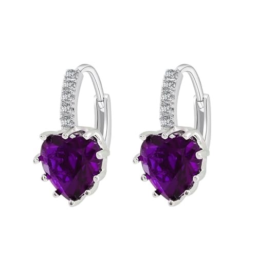 Grewod Pendiente Oreja Mujer Oro Blanco 9K Amatista Púrpura Corazón con Moissanita Elegante Pendientes Aros