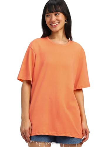 Image of JUNEBERRY Pure Cotton Oversized Baggy Fit Half Sleeve Drop Shoulder Plain Solid Round Neck T-Shirt for Women (Available in Black, White, Lilac, Cork, Maroon, Royal Blue, Swan White, Soap Nut Colors)