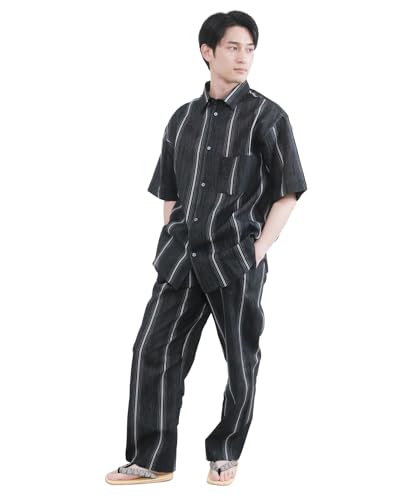 [KYOETSU] [キョウエツ] 甚平 メンズ シャツ 単品 じんべい しじら織り 男性 パジャマ 綿 上下セット (4.変わり縞×黒(長ズボン), L)
