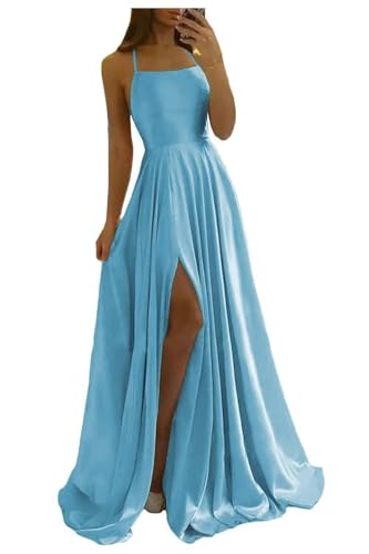 Image of Women Long Formal Dress Solid Satin Spaghetti Straps A Line Evening Cocktail Dresses with Slit