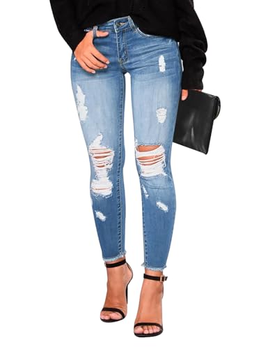 KUNMI Women's Skinny Ripped Trendy Jeans Distressed Stretchy Denim Pants