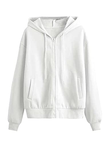 Meladyan Women Oversized Fleece Full Zip Up Hoodie Premium Long Sleeve Pullover Sweatshirt Jacket Pockets Jumper Casual White