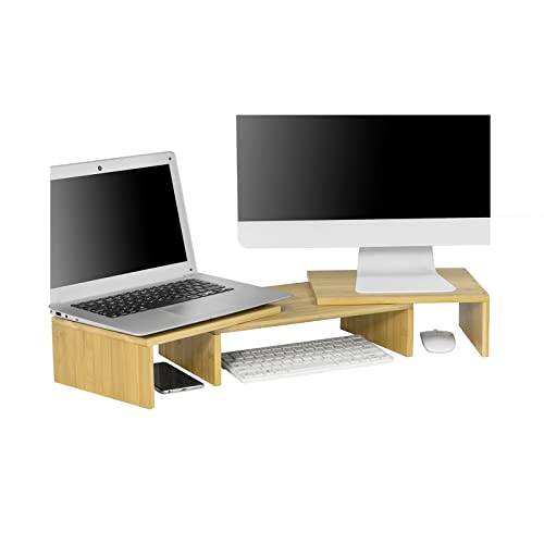 SoBuy BBF08-N Pantalla Soporte para 2 monitores, Soporte de Sobremesa, ergonómico para Universal Monitor Bambú Ancho Ajustable 59-91 cm ES Cover