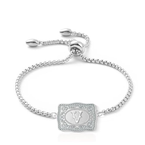 IQIC Belt Buckle Bracelet with Initial Silver Western Cow Tag Bracelet Adjustable Mini Initial Letter A-Z Bracelets Western Cowboy Personalized Jewelry for Women (letter V)